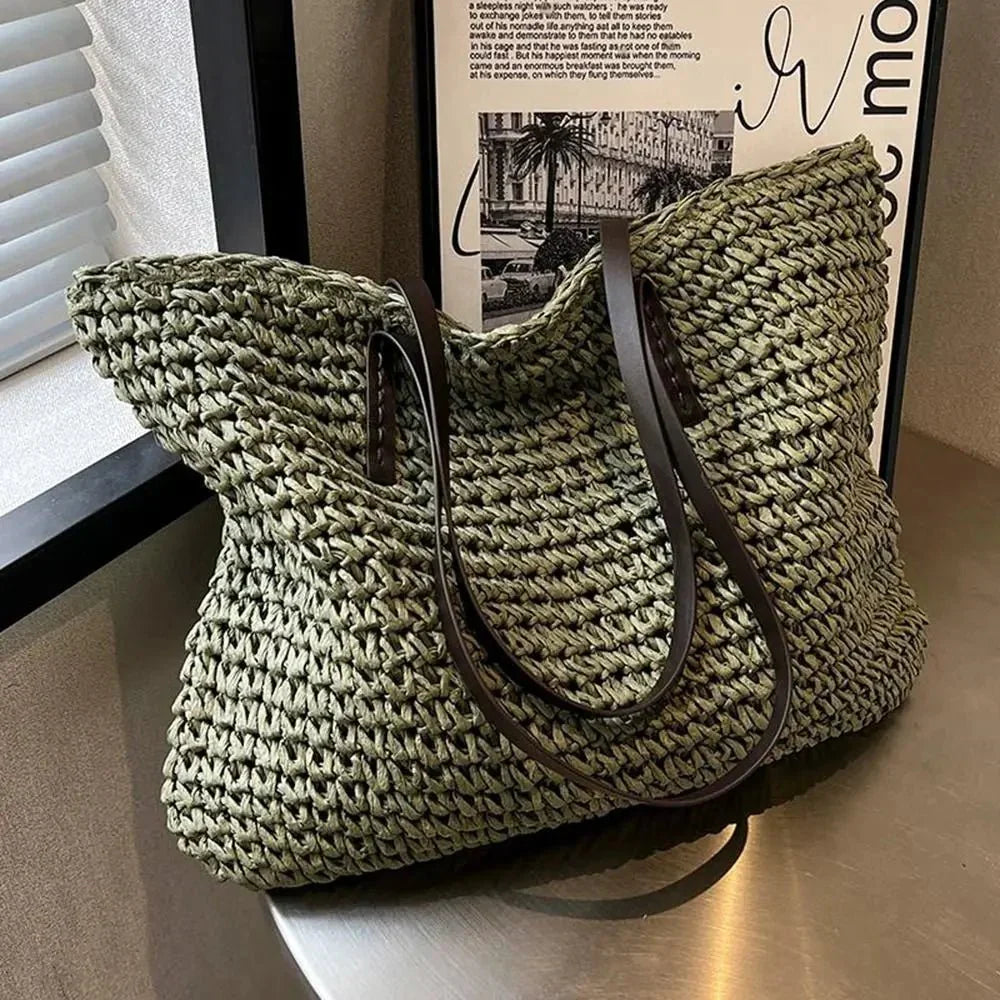 Women’s Woven Straw Look Large Shoulder Tote Bag