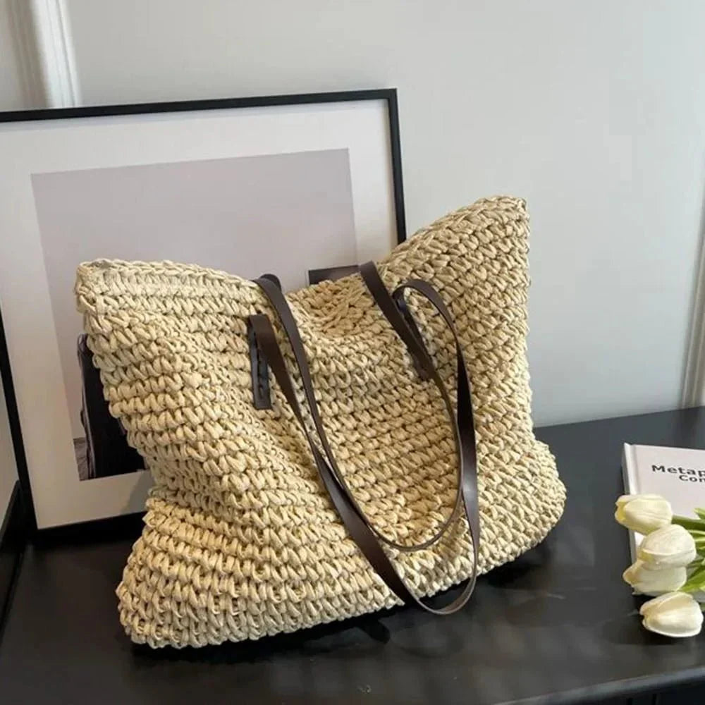 Women’s Woven Straw Look Large Shoulder Tote Bag