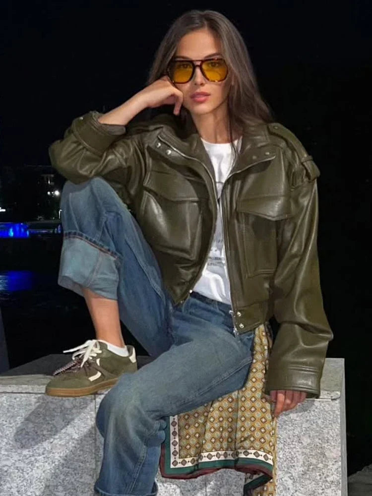 Women’s Zip Front Pocket Cropped Leather Look Jacket