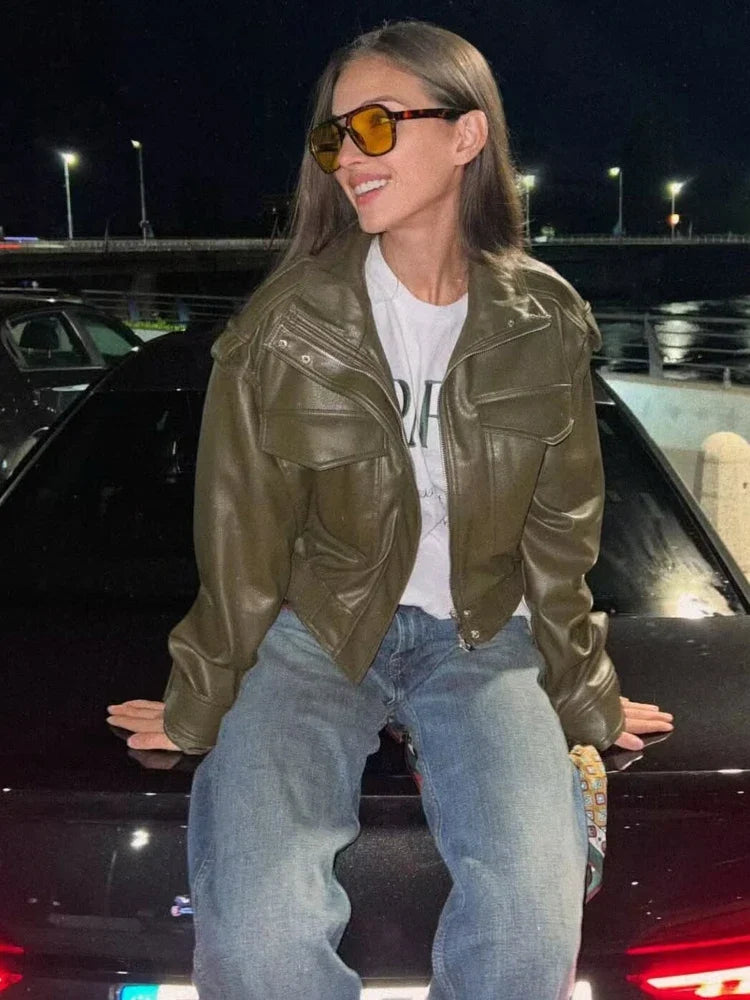 Women’s Zip Front Pocket Cropped Leather Look Jacket