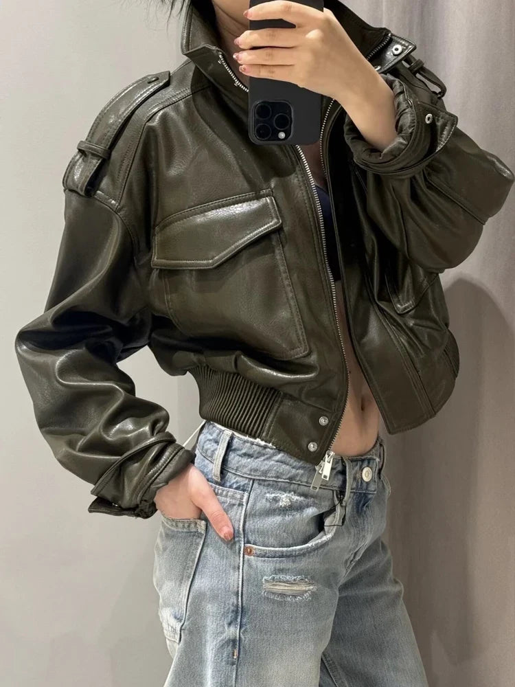 Women’s Zip Front Pocket Cropped Leather Look Jacket