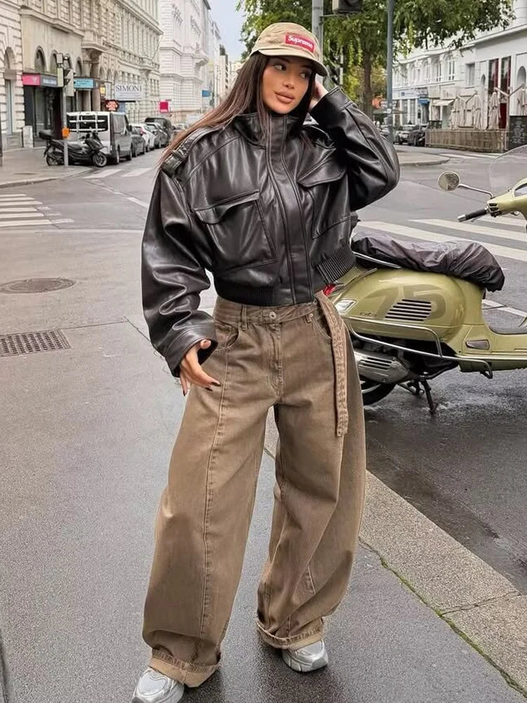 Women’s Zip Front Pocket Cropped Leather Look Jacket