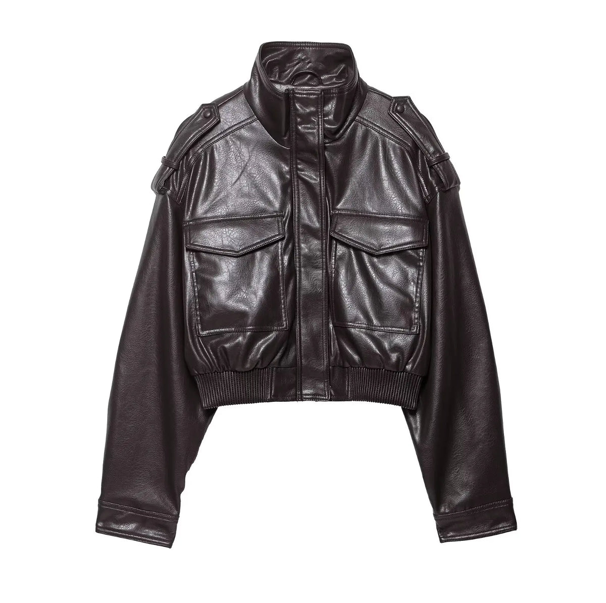 Women’s Zip Front Pocket Cropped Leather Look Jacket
