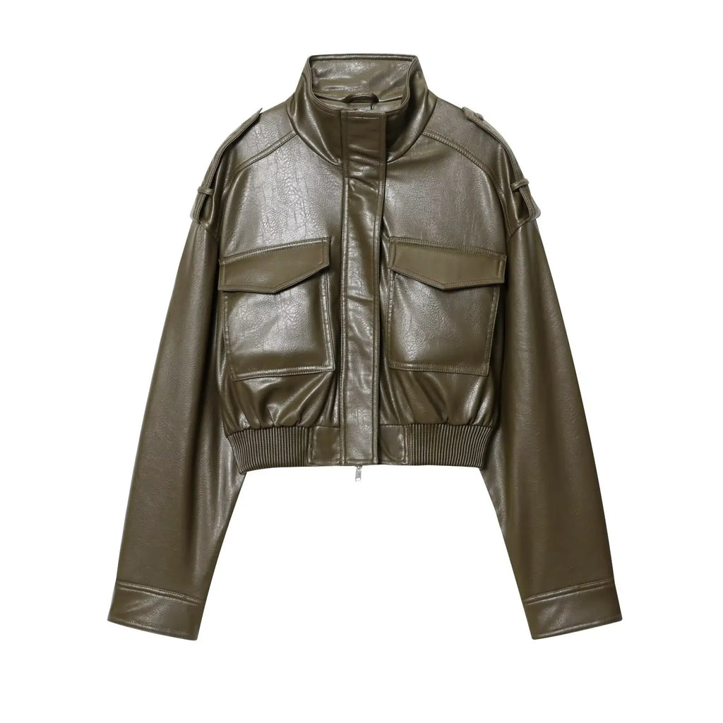 Women’s Zip Front Pocket Cropped Leather Look Jacket