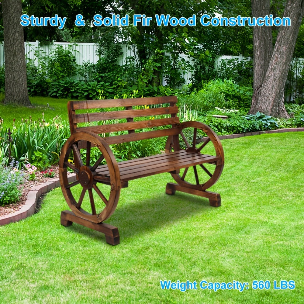 Fir Wood Wagon-Wheel Outdoor Bench with Slatted Seat, Backrest and Four Color Finish Options