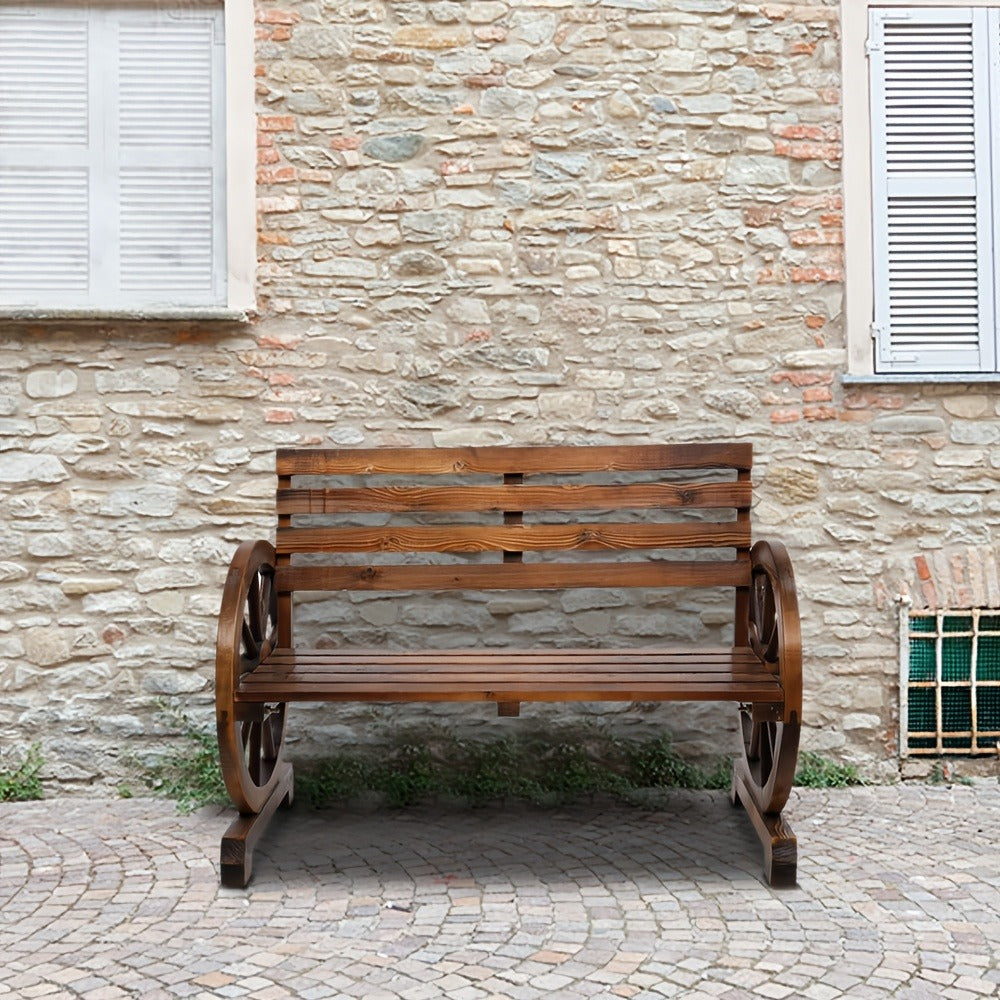 Fir Wood Wagon-Wheel Outdoor Bench with Slatted Seat, Backrest and Four Color Finish Options