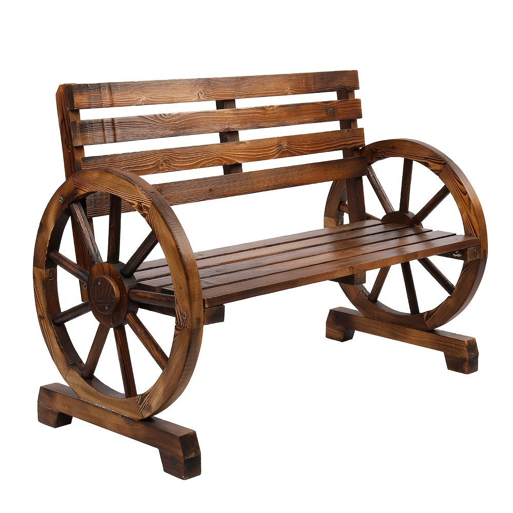 Fir Wood Wagon-Wheel Outdoor Bench with Slatted Seat, Backrest and Four Color Finish Options