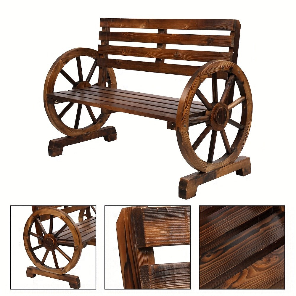 Fir Wood Wagon-Wheel Outdoor Bench with Slatted Seat, Backrest and Four Color Finish Options