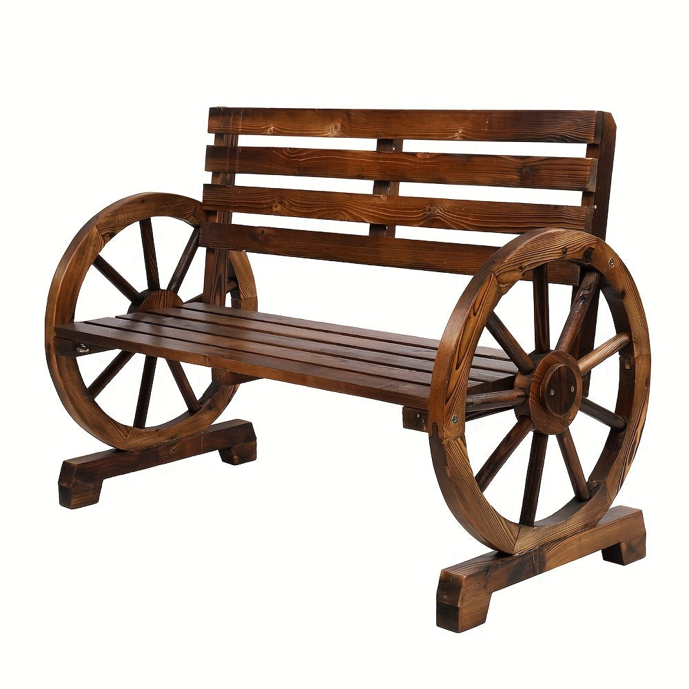Fir Wood Wagon-Wheel Outdoor Bench with Slatted Seat, Backrest and Four Color Finish Options