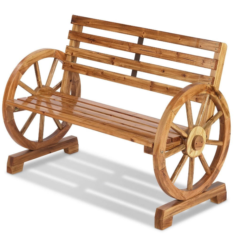 Fir Wood Wagon-Wheel Outdoor Bench with Slatted Seat, Backrest and Four Color Finish Options