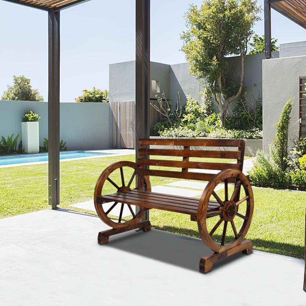 Fir Wood Wagon-Wheel Outdoor Bench with Slatted Seat, Backrest and Four Color Finish Options