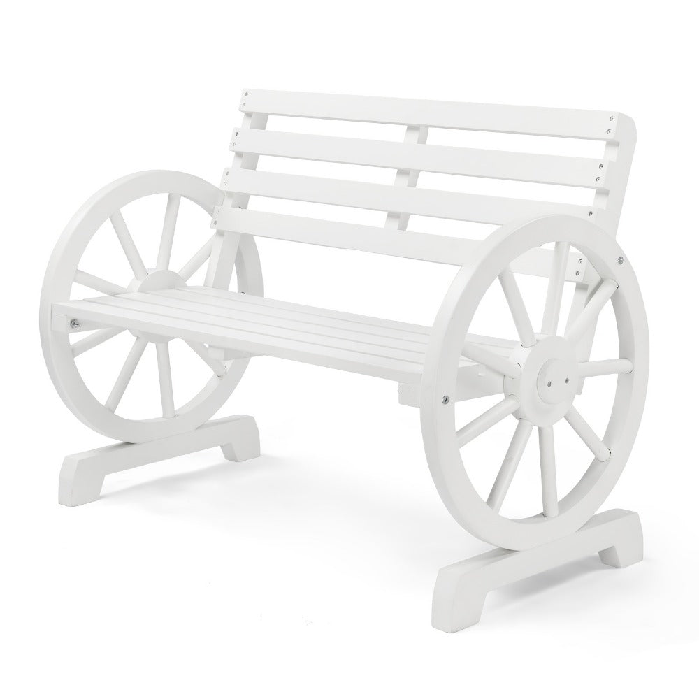 Fir Wood Wagon-Wheel Outdoor Bench with Slatted Seat, Backrest and Four Color Finish Options