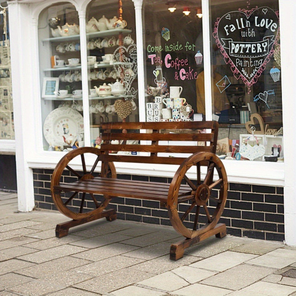 Fir Wood Wagon-Wheel Outdoor Bench with Slatted Seat, Backrest and Four Color Finish Options