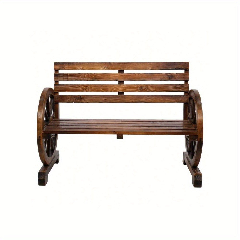 Fir Wood Wagon-Wheel Outdoor Bench with Slatted Seat, Backrest and Four Color Finish Options