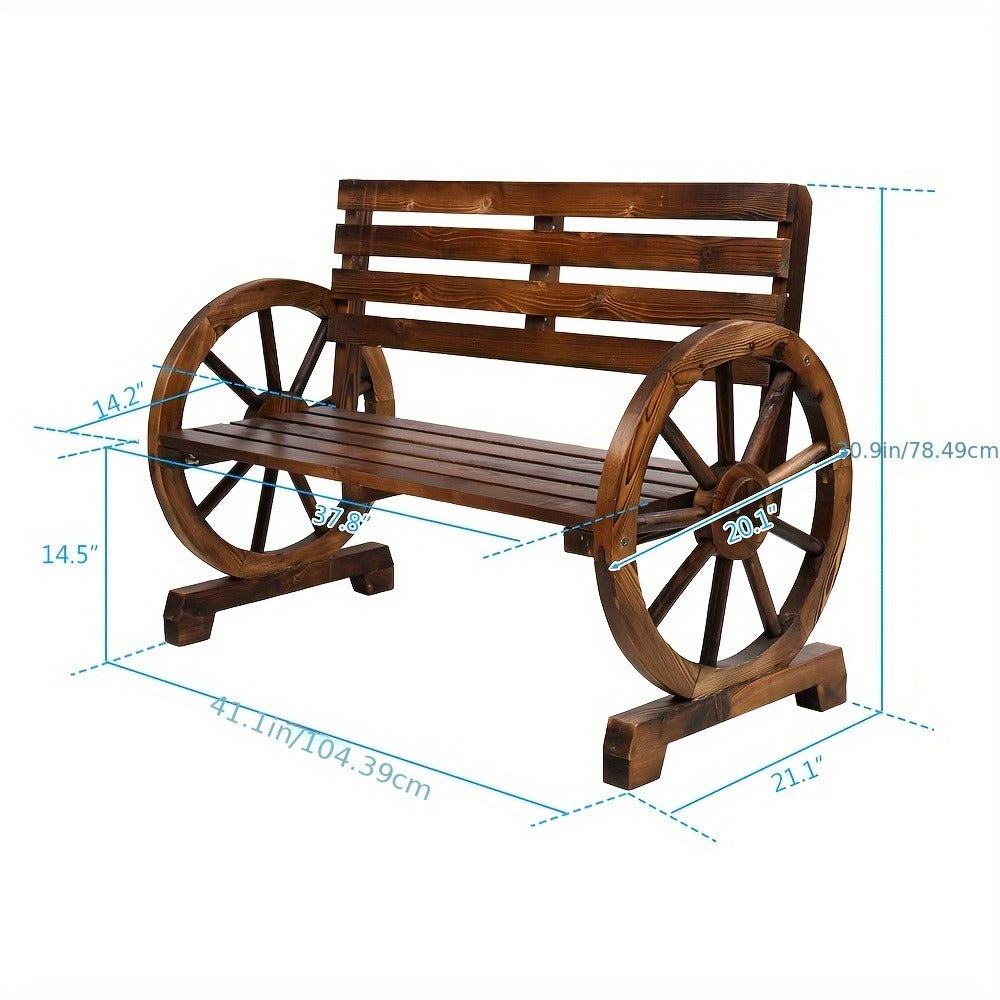 Fir Wood Wagon-Wheel Outdoor Bench with Slatted Seat, Backrest and Four Color Finish Options