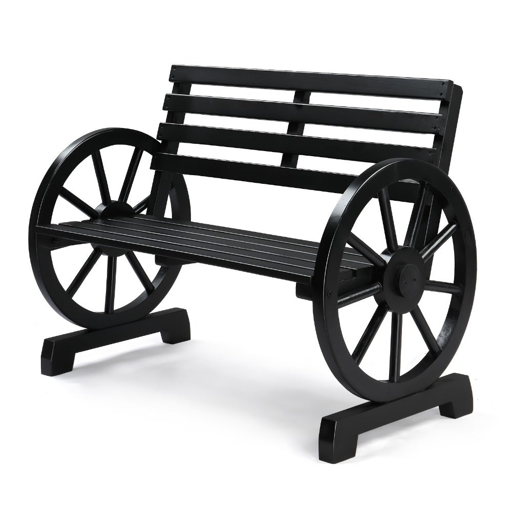 Fir Wood Wagon-Wheel Outdoor Bench with Slatted Seat, Backrest and Four Color Finish Options