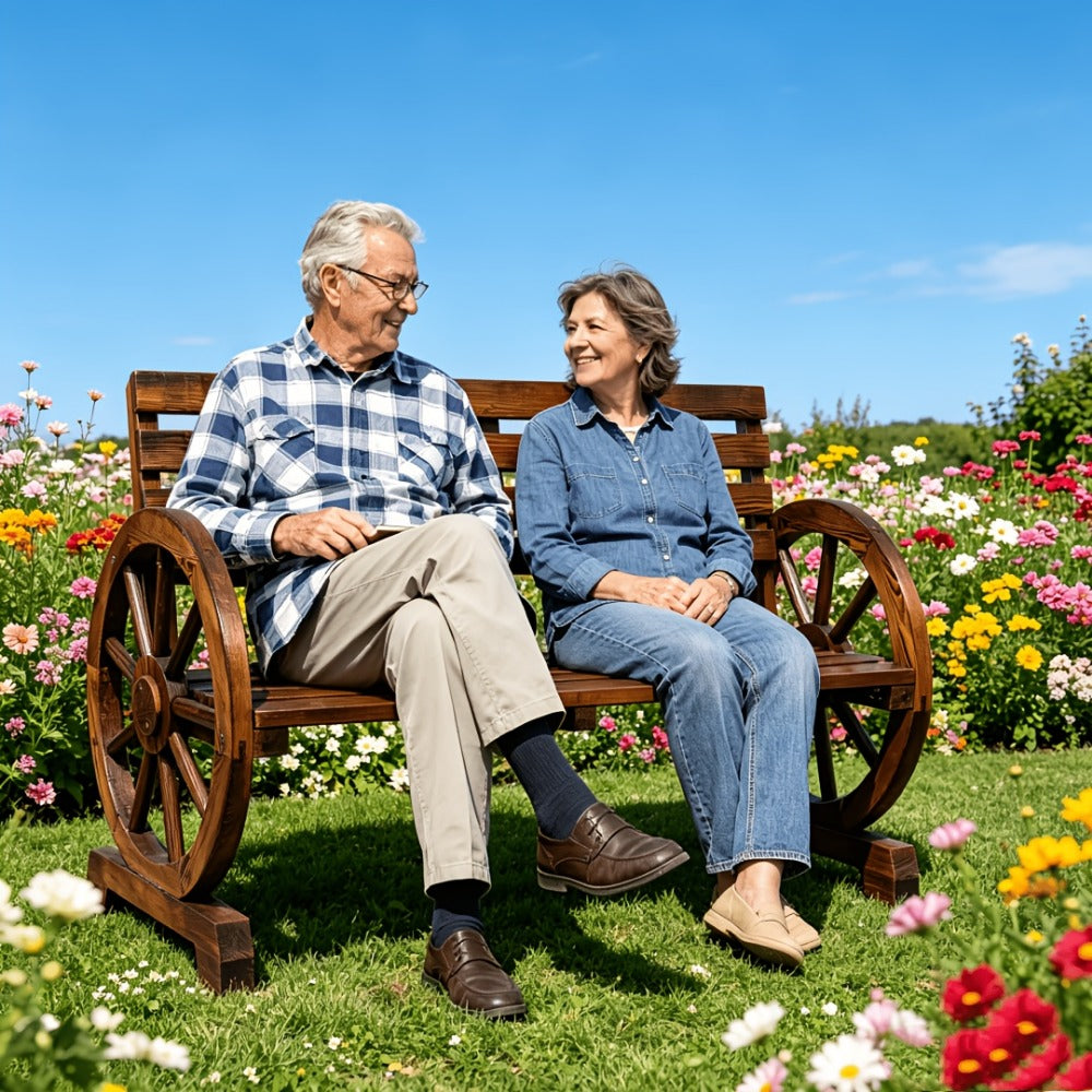 Fir Wood Wagon-Wheel Outdoor Bench with Slatted Seat, Backrest and Four Color Finish Options