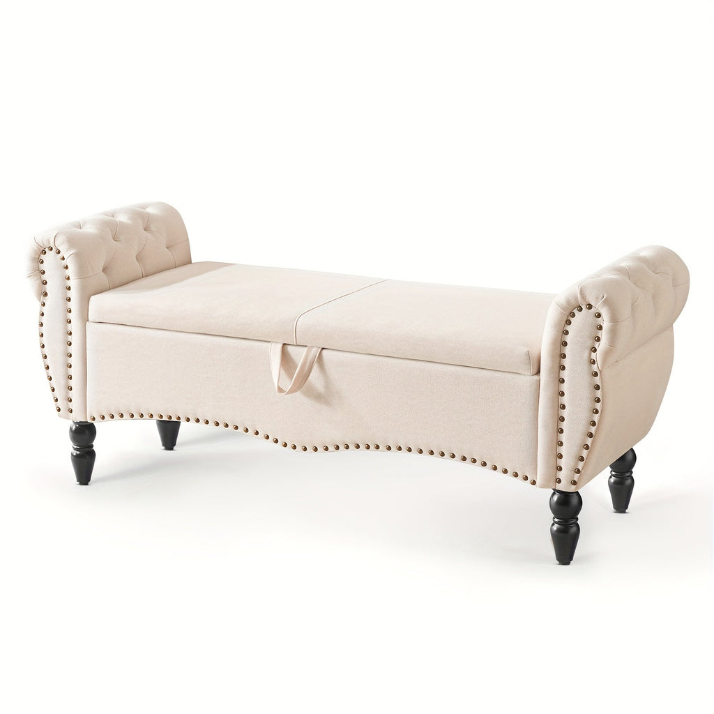 Storage Ottoman Bench with Roll Arms and Flip-Top Compartment and Beige or Light Gray Finish