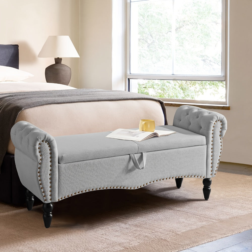 Storage Ottoman Bench with Roll Arms and Flip-Top Compartment and Beige or Light Gray Finish