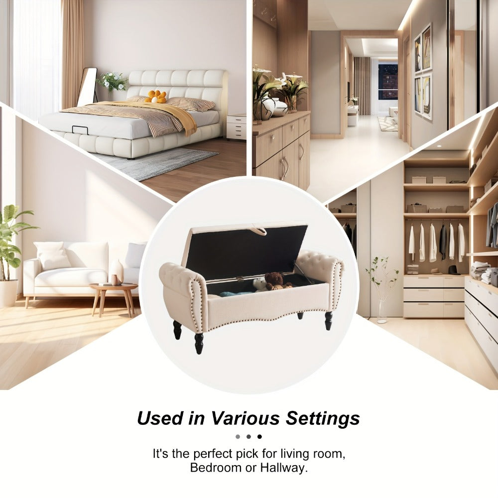 Storage Ottoman Bench with Roll Arms and Flip-Top Compartment and Beige or Light Gray Finish