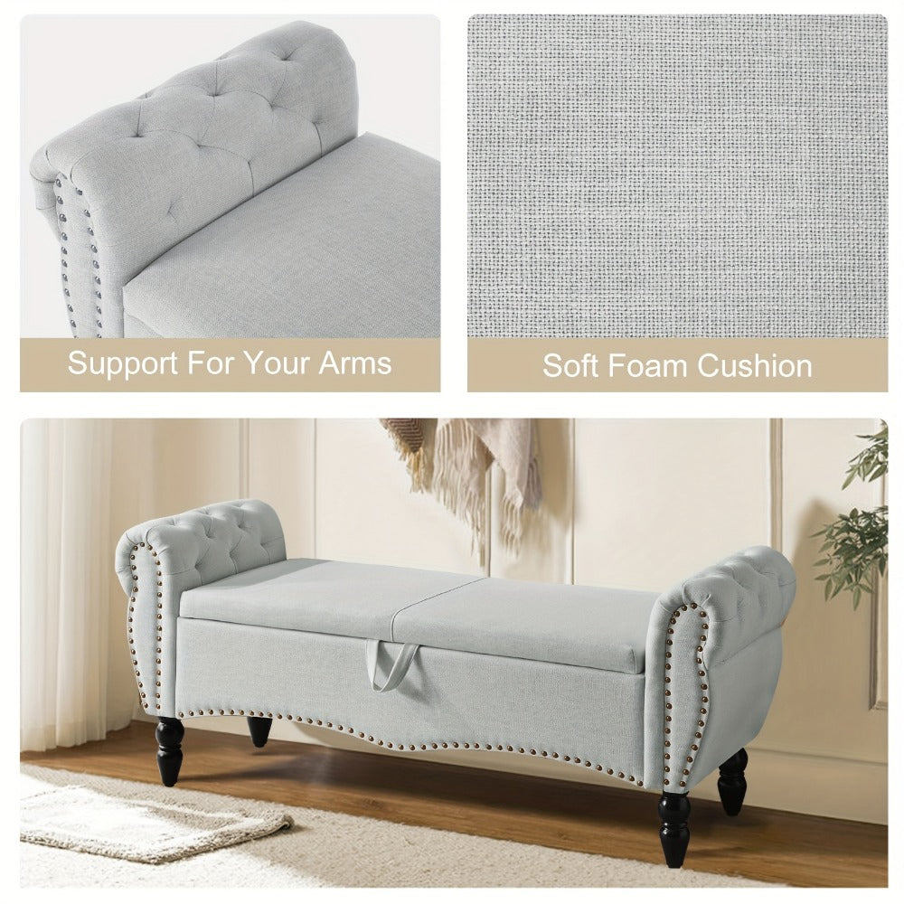 Storage Ottoman Bench with Roll Arms and Flip-Top Compartment and Beige or Light Gray Finish