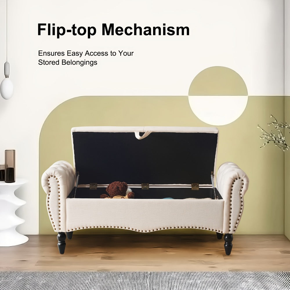 Storage Ottoman Bench with Roll Arms and Flip-Top Compartment and Beige or Light Gray Finish