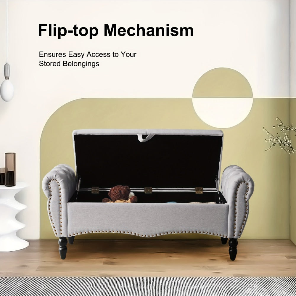 Storage Ottoman Bench with Roll Arms and Flip-Top Compartment and Beige or Light Gray Finish
