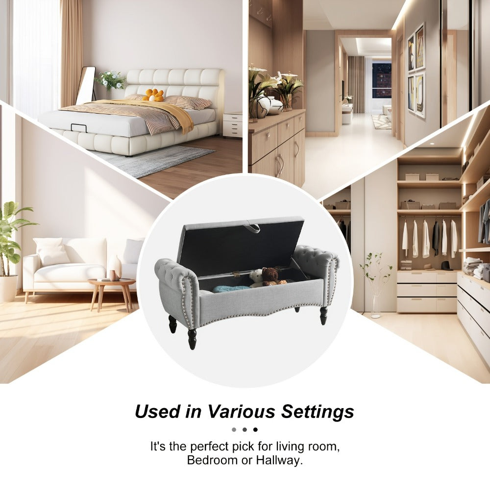 Storage Ottoman Bench with Roll Arms and Flip-Top Compartment and Beige or Light Gray Finish