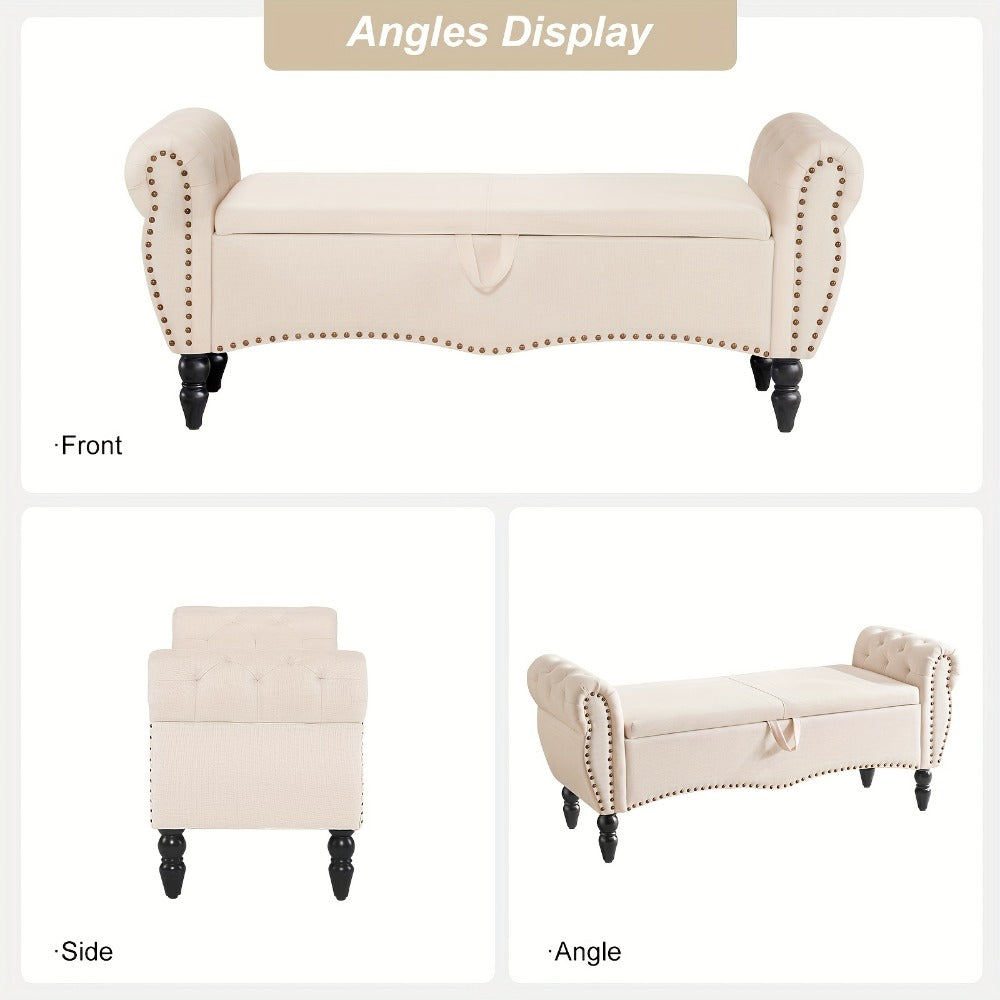 Storage Ottoman Bench with Roll Arms and Flip-Top Compartment and Beige or Light Gray Finish