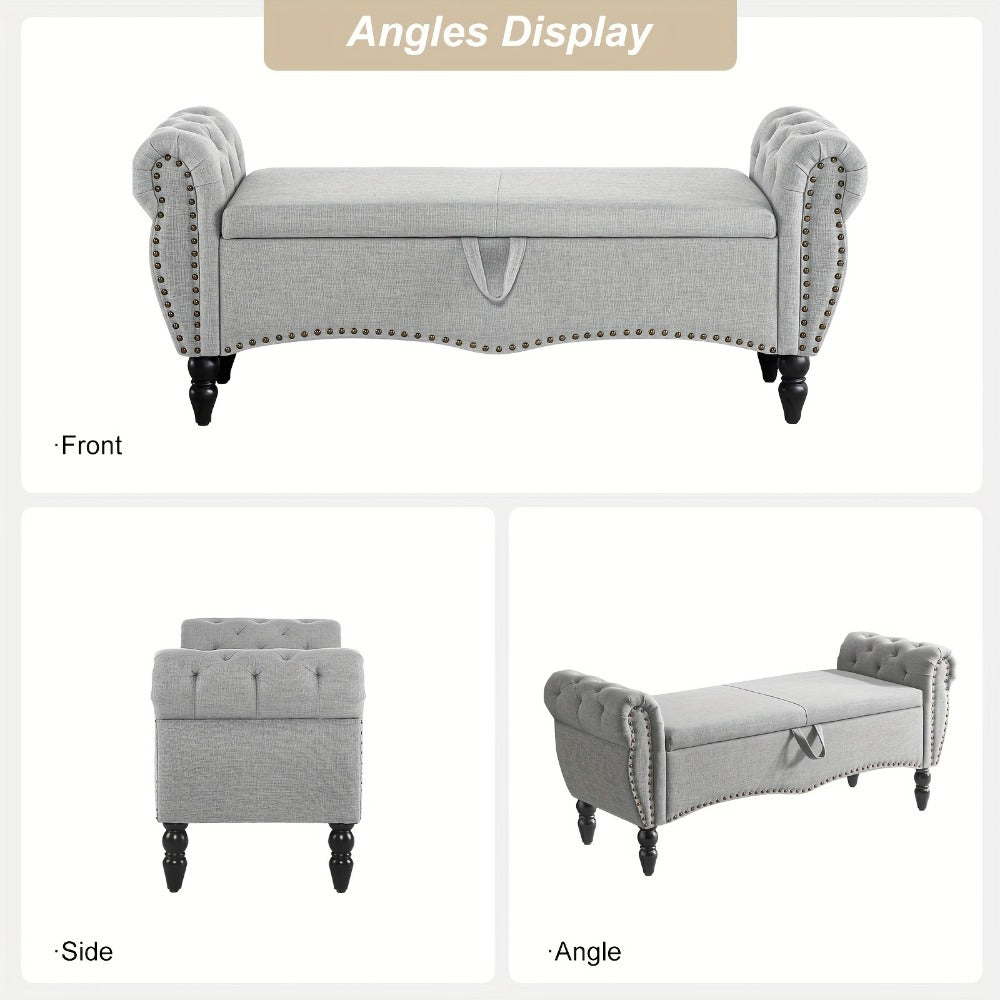 Storage Ottoman Bench with Roll Arms and Flip-Top Compartment and Beige or Light Gray Finish