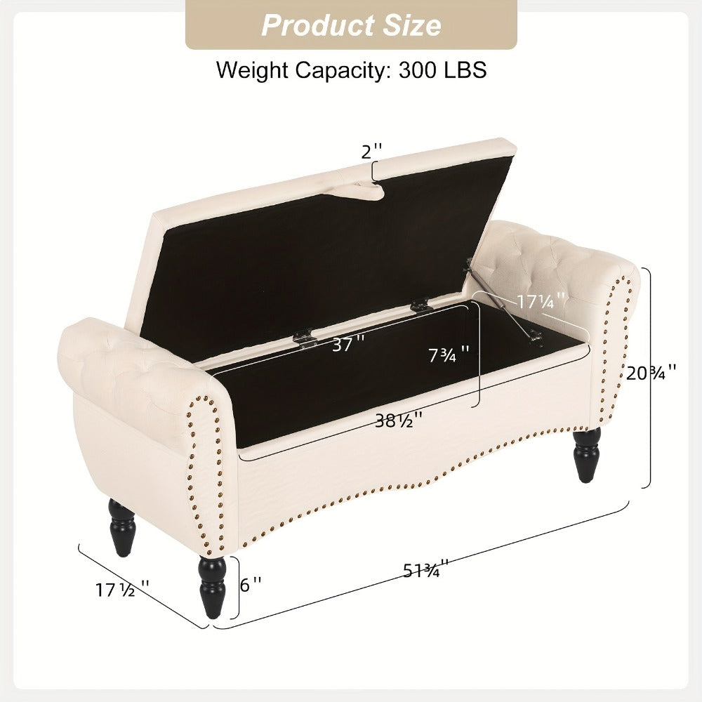 Storage Ottoman Bench with Roll Arms and Flip-Top Compartment and Beige or Light Gray Finish