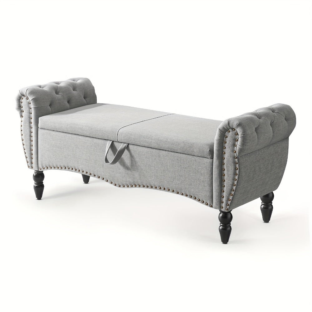 Storage Ottoman Bench with Roll Arms and Flip-Top Compartment and Beige or Light Gray Finish