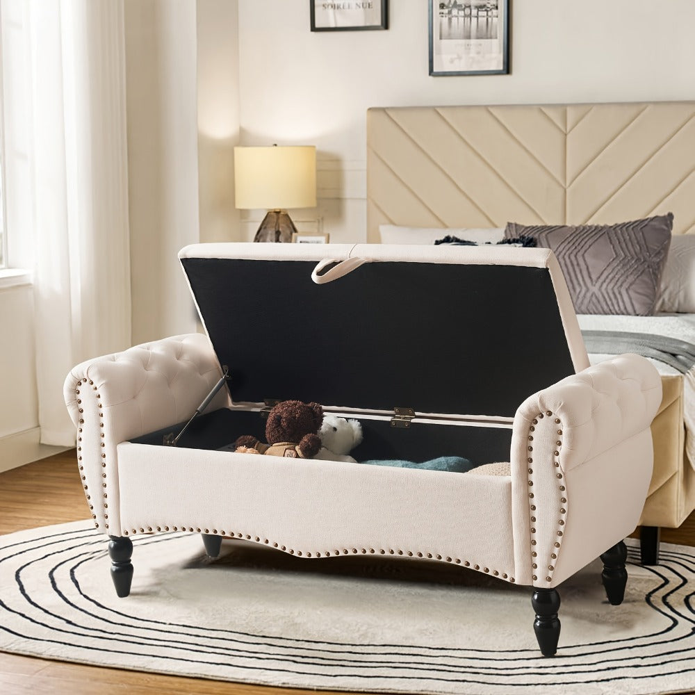 Storage Ottoman Bench with Roll Arms and Flip-Top Compartment and Beige or Light Gray Finish