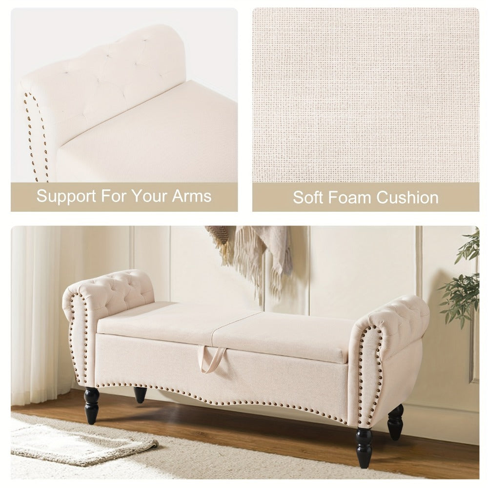 Storage Ottoman Bench with Roll Arms and Flip-Top Compartment and Beige or Light Gray Finish