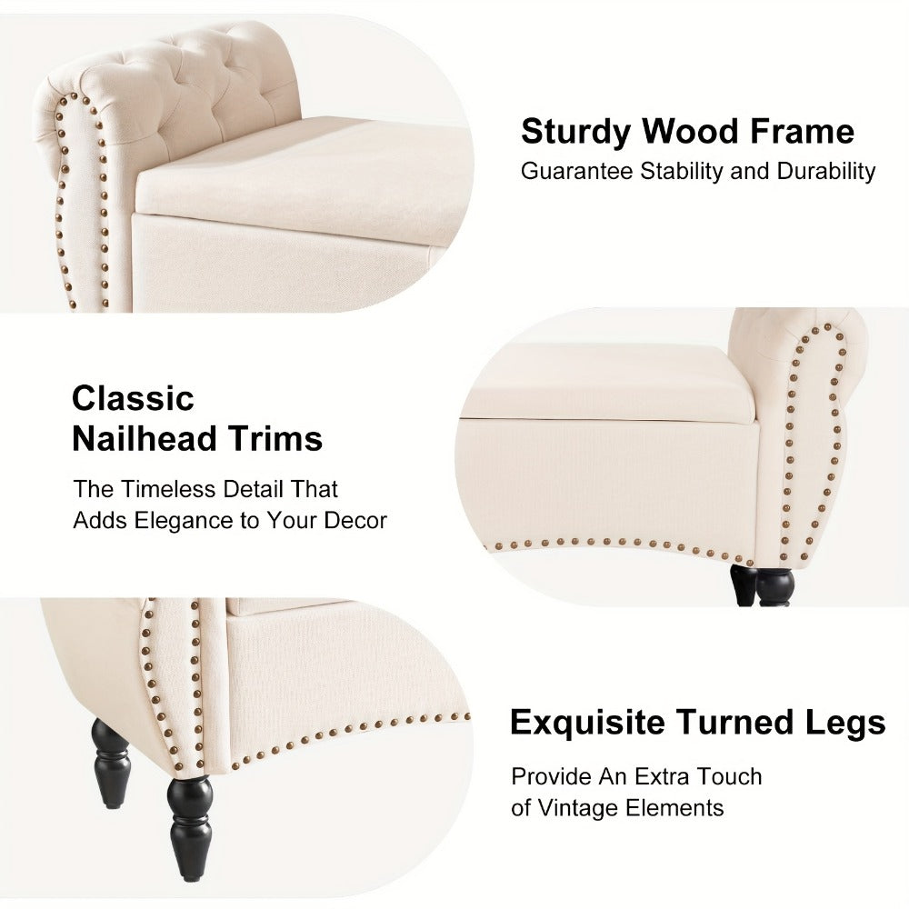 Storage Ottoman Bench with Roll Arms and Flip-Top Compartment and Beige or Light Gray Finish