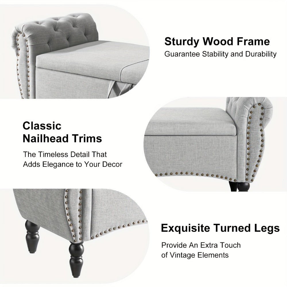 Storage Ottoman Bench with Roll Arms and Flip-Top Compartment and Beige or Light Gray Finish