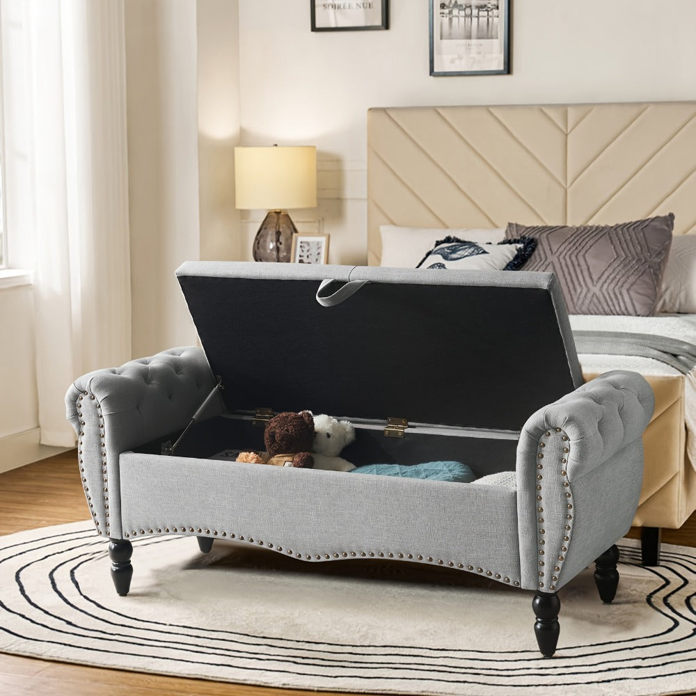 Storage Ottoman Bench with Roll Arms and Flip-Top Compartment and Beige or Light Gray Finish