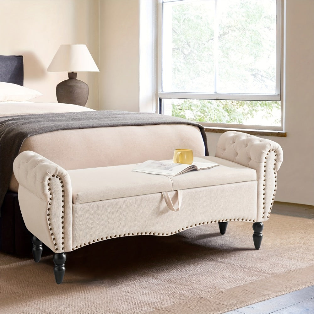 Storage Ottoman Bench with Roll Arms and Flip-Top Compartment and Beige or Light Gray Finish