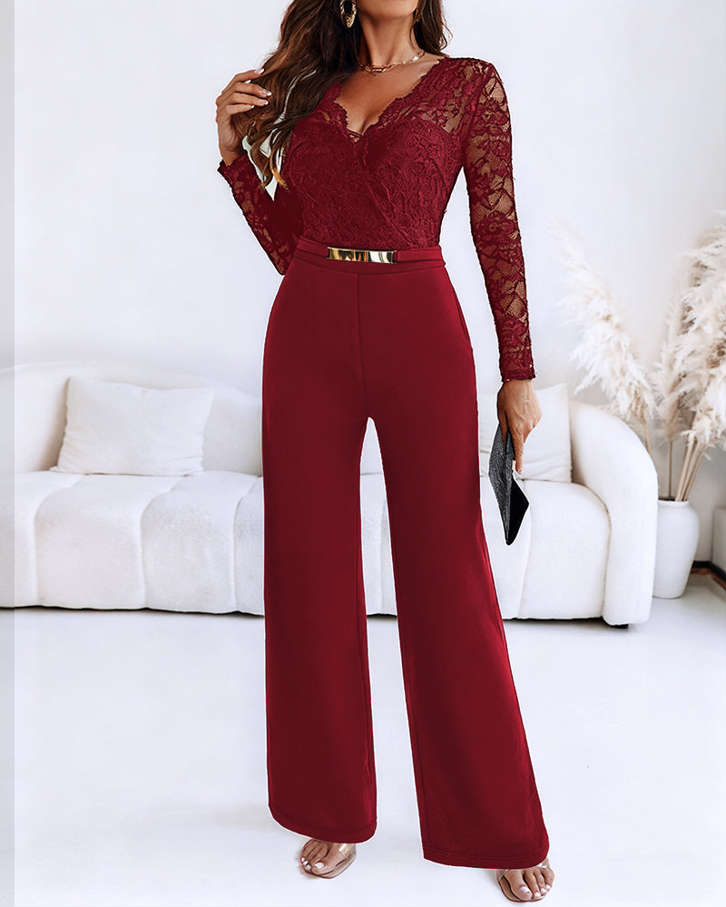 Metal Decor Scallop Trim V-Neck Lace Overlay Jumpsuit Casual Lace Long Sleeve Zipper Back Jumpsuit