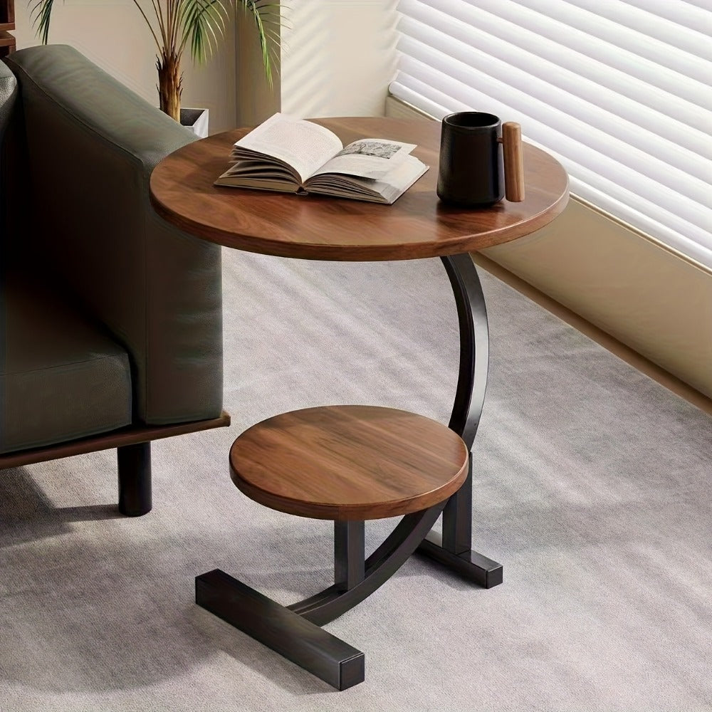 Side Table Wrought-Iron Style Metal Frame with MDF Marble-Pattern Top and Lower Open Shelf