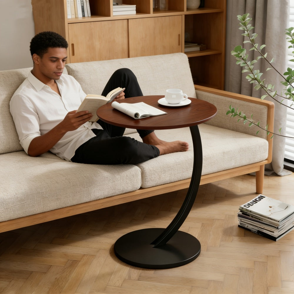Side Table Wrought-Iron Style Metal Frame with MDF Marble-Pattern Top and Lower Open Shelf
