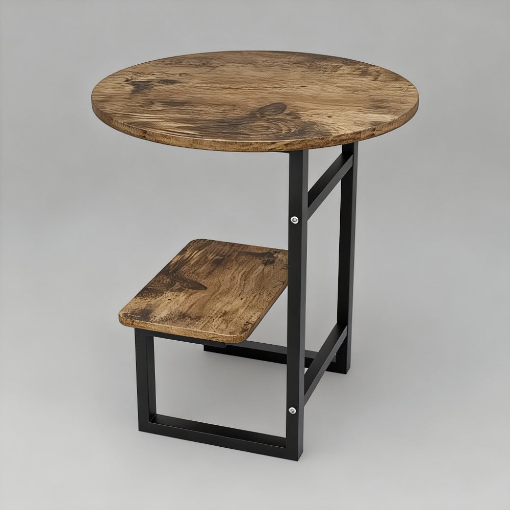 Side Table Wrought-Iron Style Metal Frame with MDF Marble-Pattern Top and Lower Open Shelf