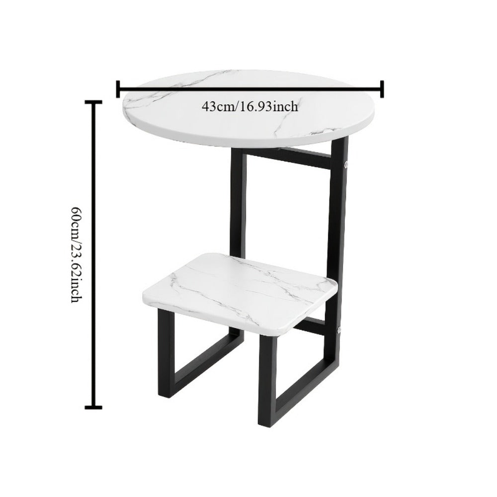 Side Table Wrought-Iron Style Metal Frame with MDF Marble-Pattern Top and Lower Open Shelf