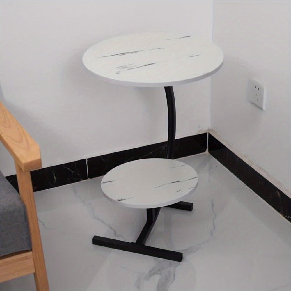 Side Table Wrought-Iron Style Metal Frame with MDF Marble-Pattern Top and Lower Open Shelf