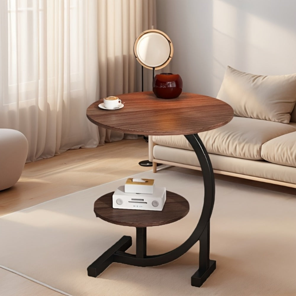 Side Table Wrought-Iron Style Metal Frame with MDF Marble-Pattern Top and Lower Open Shelf