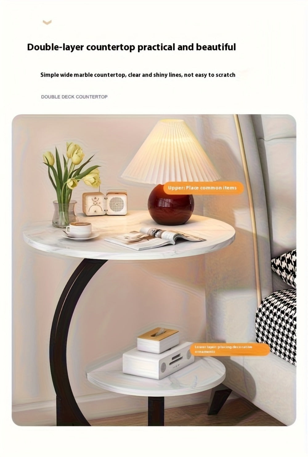 Side Table Wrought-Iron Style Metal Frame with MDF Marble-Pattern Top and Lower Open Shelf