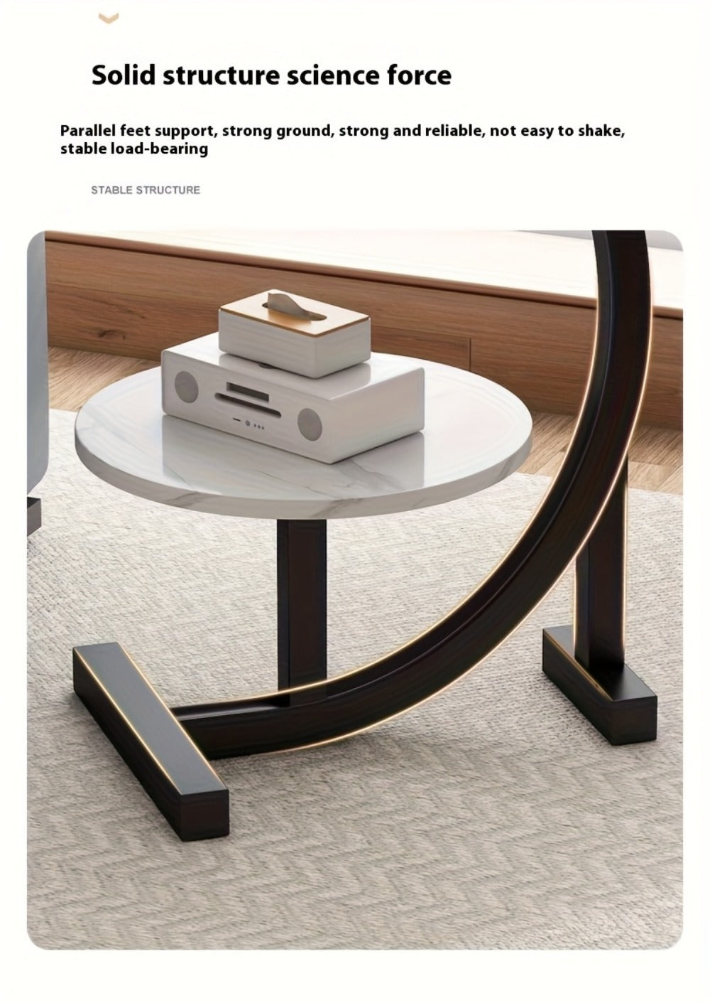 Side Table Wrought-Iron Style Metal Frame with MDF Marble-Pattern Top and Lower Open Shelf