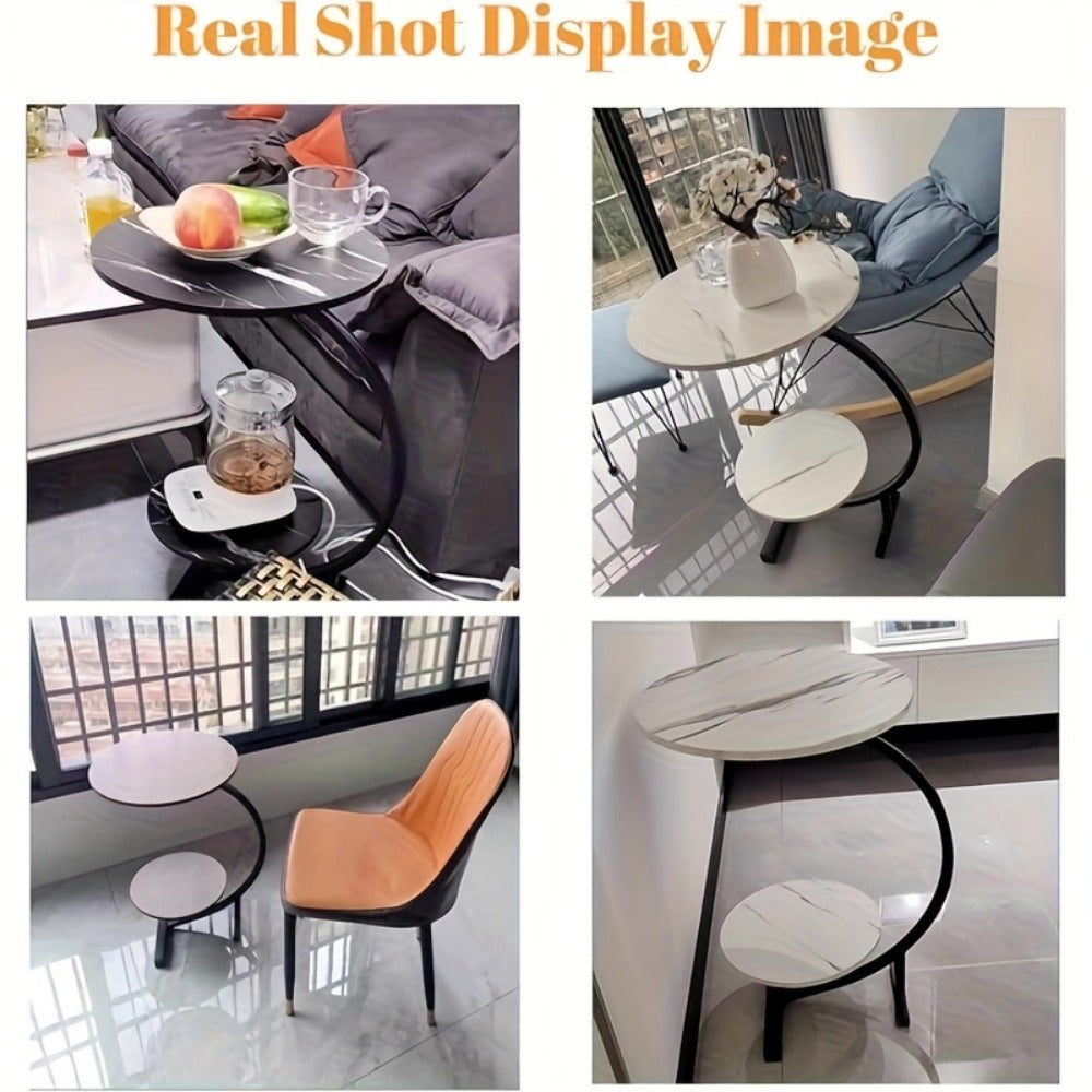 Side Table Wrought-Iron Style Metal Frame with MDF Marble-Pattern Top and Lower Open Shelf