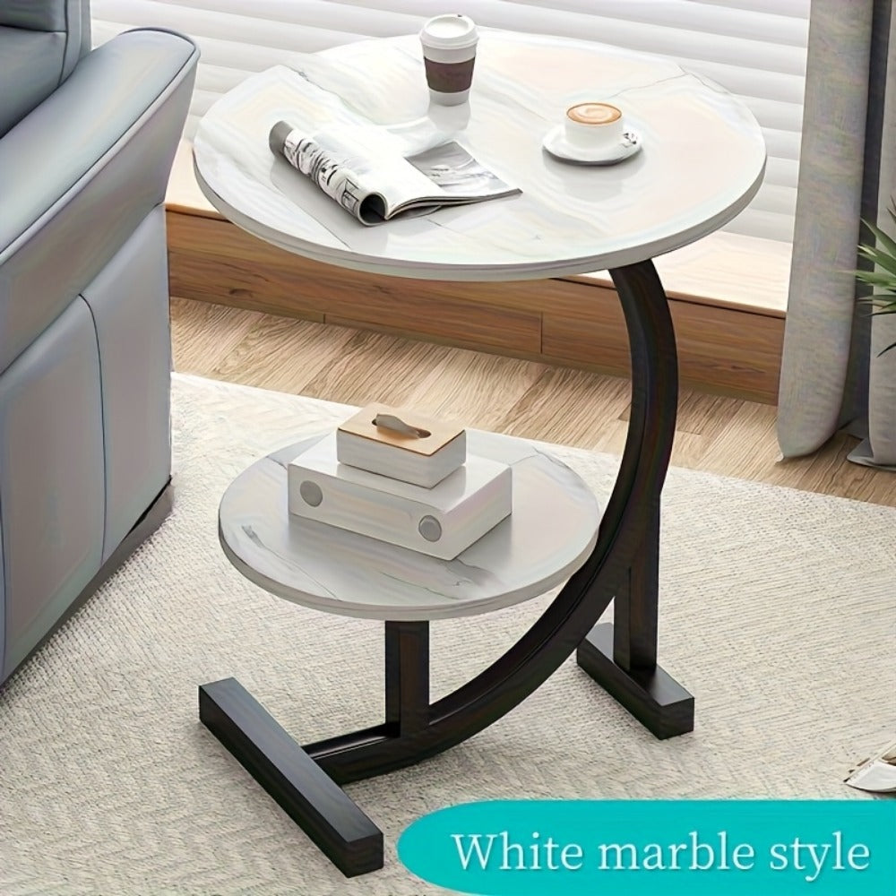 Side Table Wrought-Iron Style Metal Frame with MDF Marble-Pattern Top and Lower Open Shelf