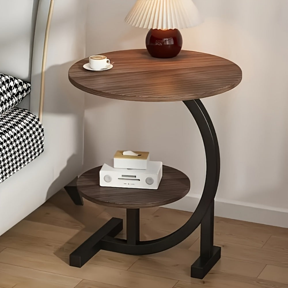 Side Table Wrought-Iron Style Metal Frame with MDF Marble-Pattern Top and Lower Open Shelf